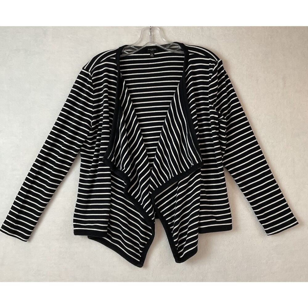 Talbots Sweater Womens M Petite Navy Blue White Stripes Open Front Draped Cotton